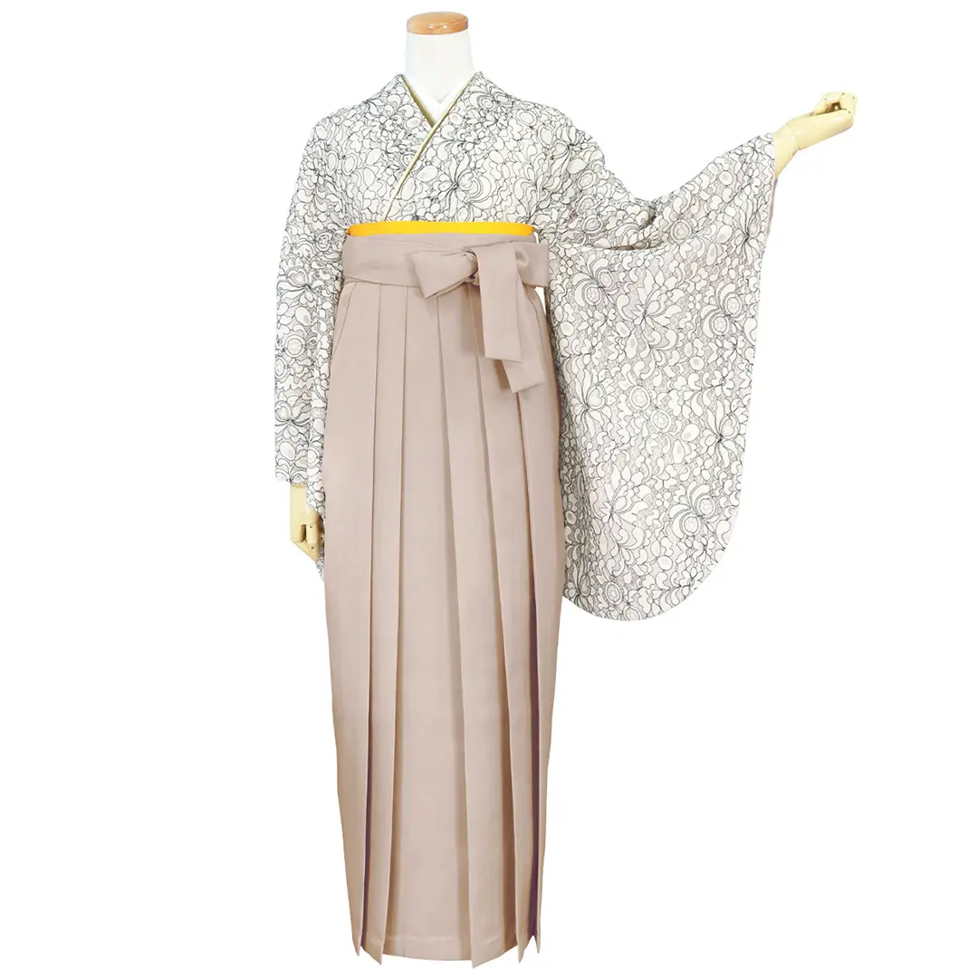 総レースアイボリーブラック・グレージュ袴（無地） （二尺袖）／卒業式／正面