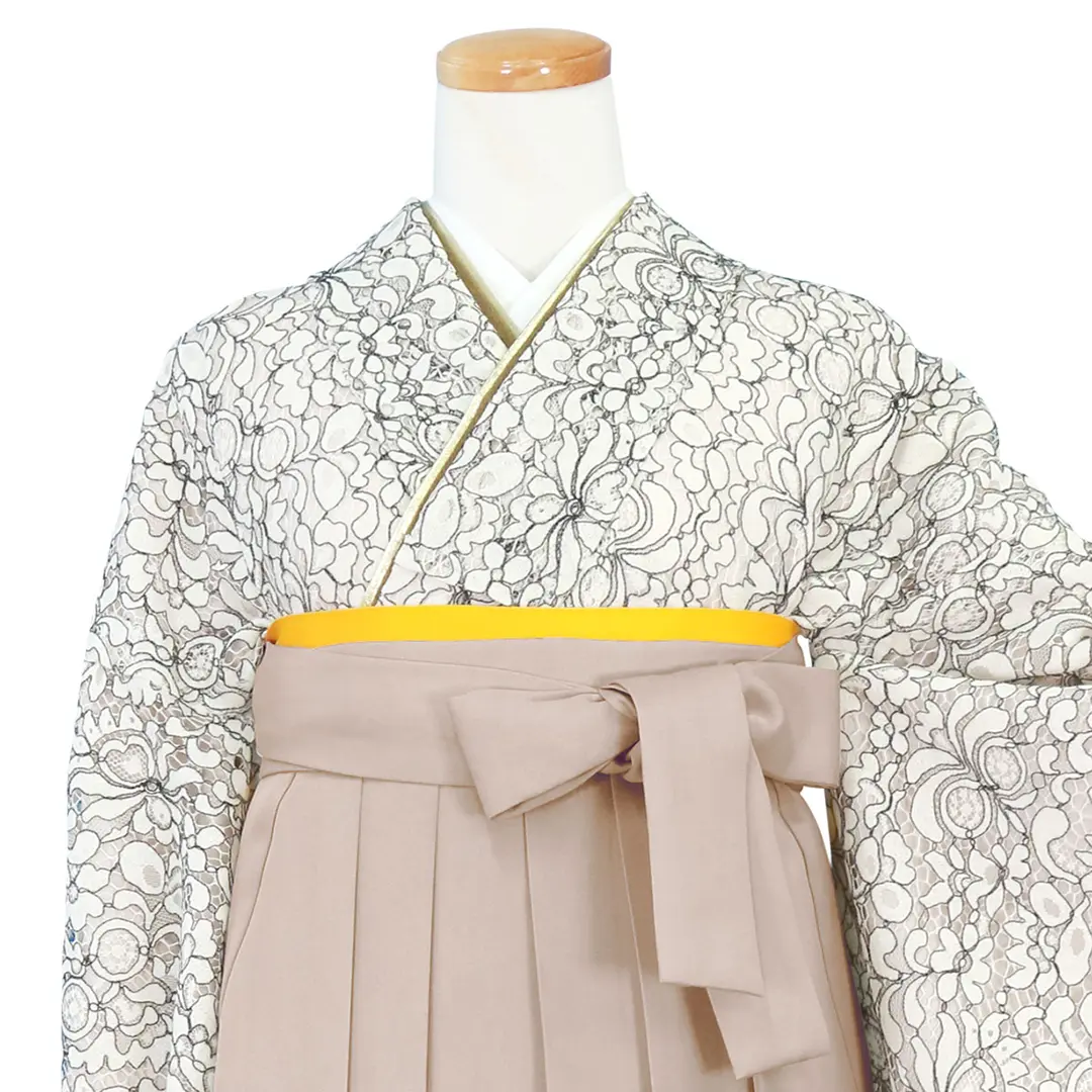 総レースアイボリーブラック・グレージュ袴（無地） （二尺袖）／卒業式／正面詳細