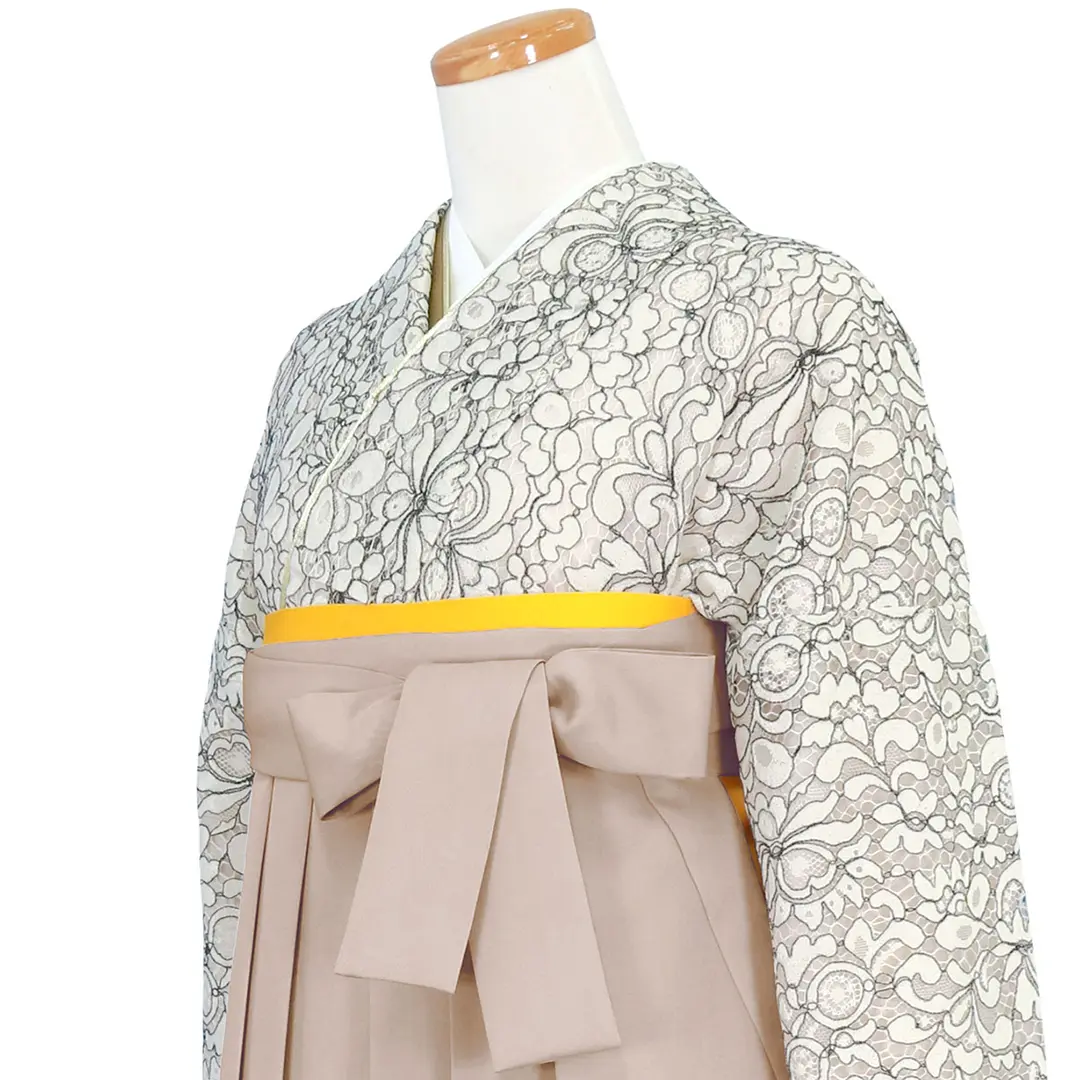 総レースアイボリーブラック・グレージュ袴（無地） （二尺袖）／卒業式／斜め詳細