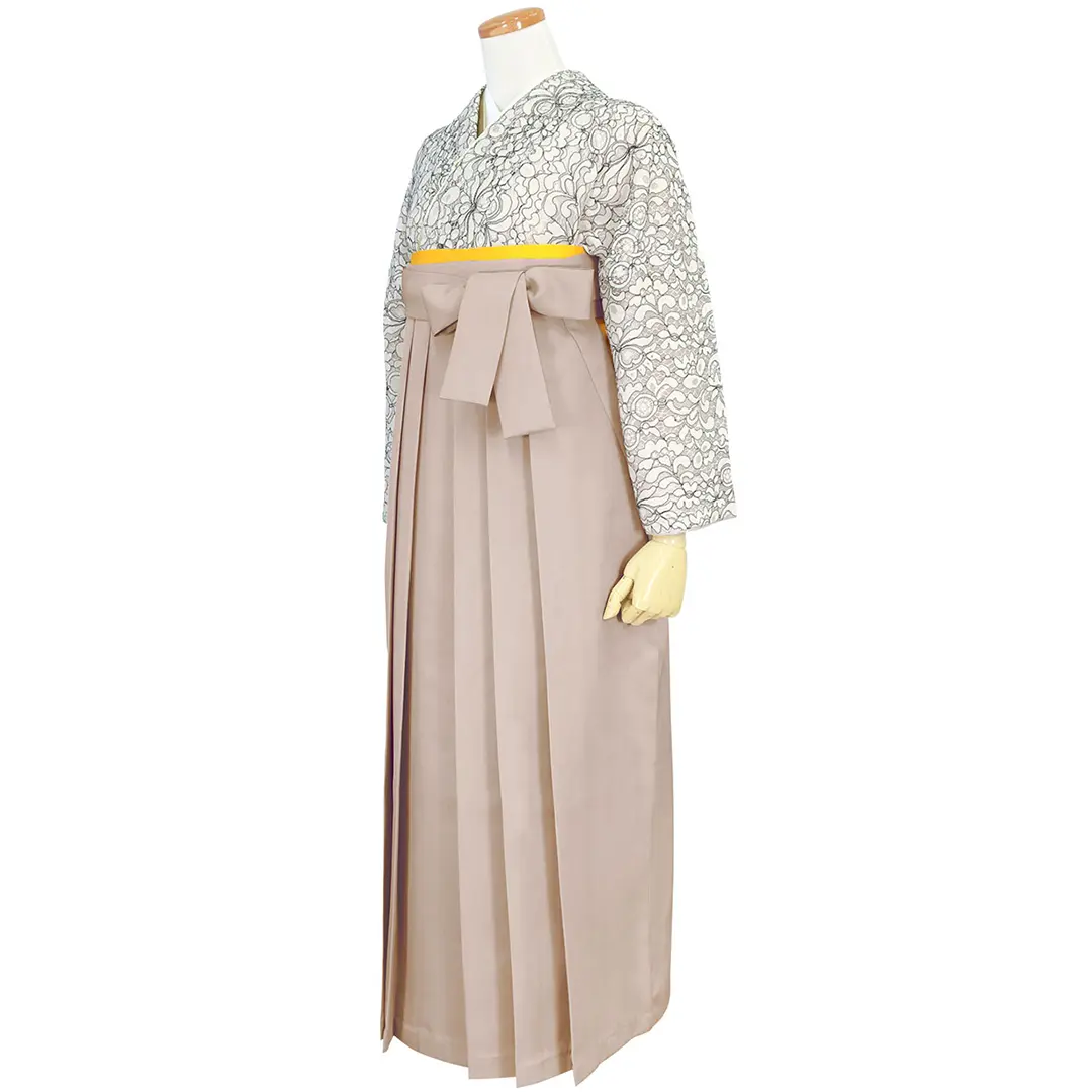 総レースアイボリーブラック・グレージュ袴（無地） （二尺袖）／卒業式／斜め