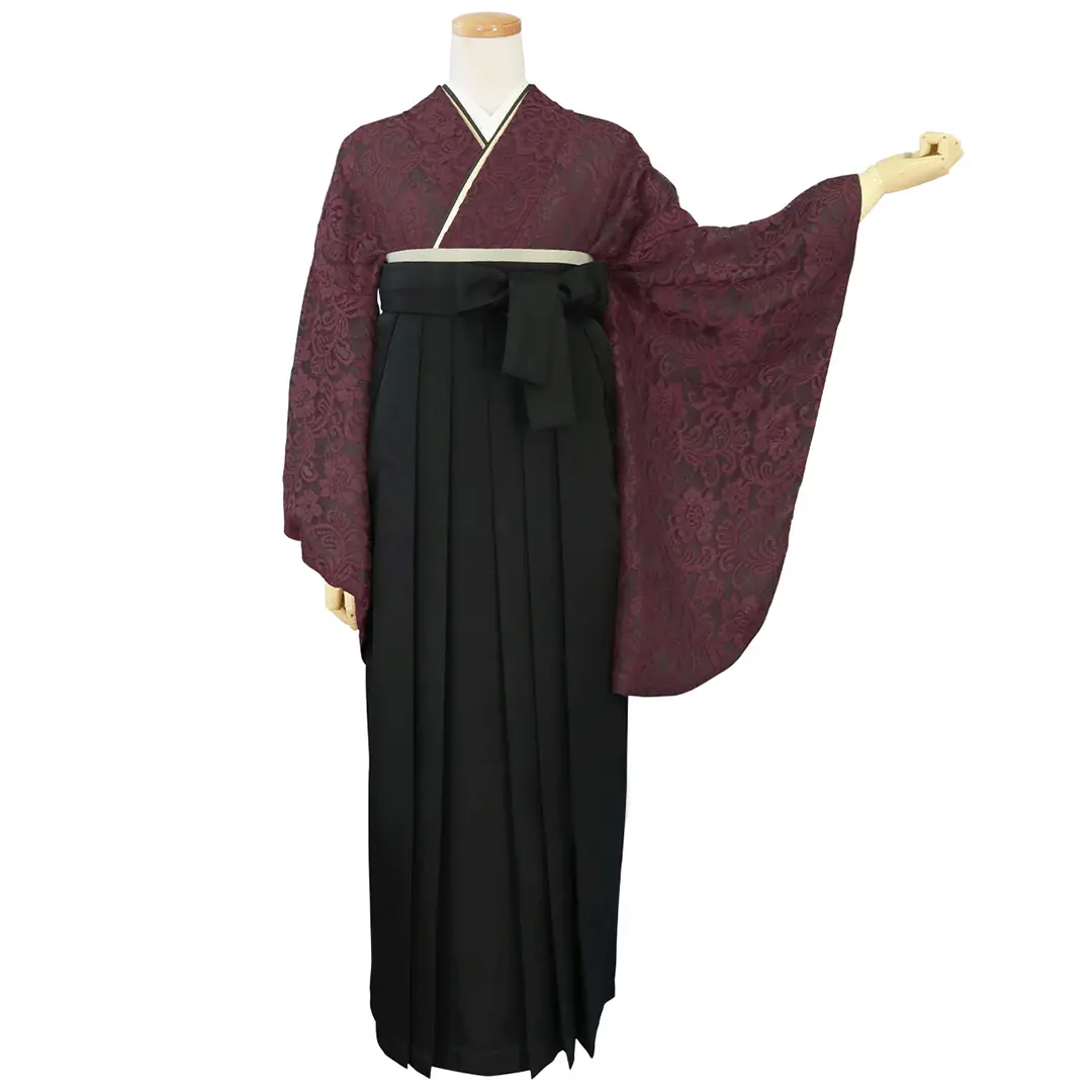 卒業式着物&amp;袴セット 黒×ボルドー Kimono Sienne 卒業式袴3点セット 総レース二尺袖 ボルドー 黒 レース