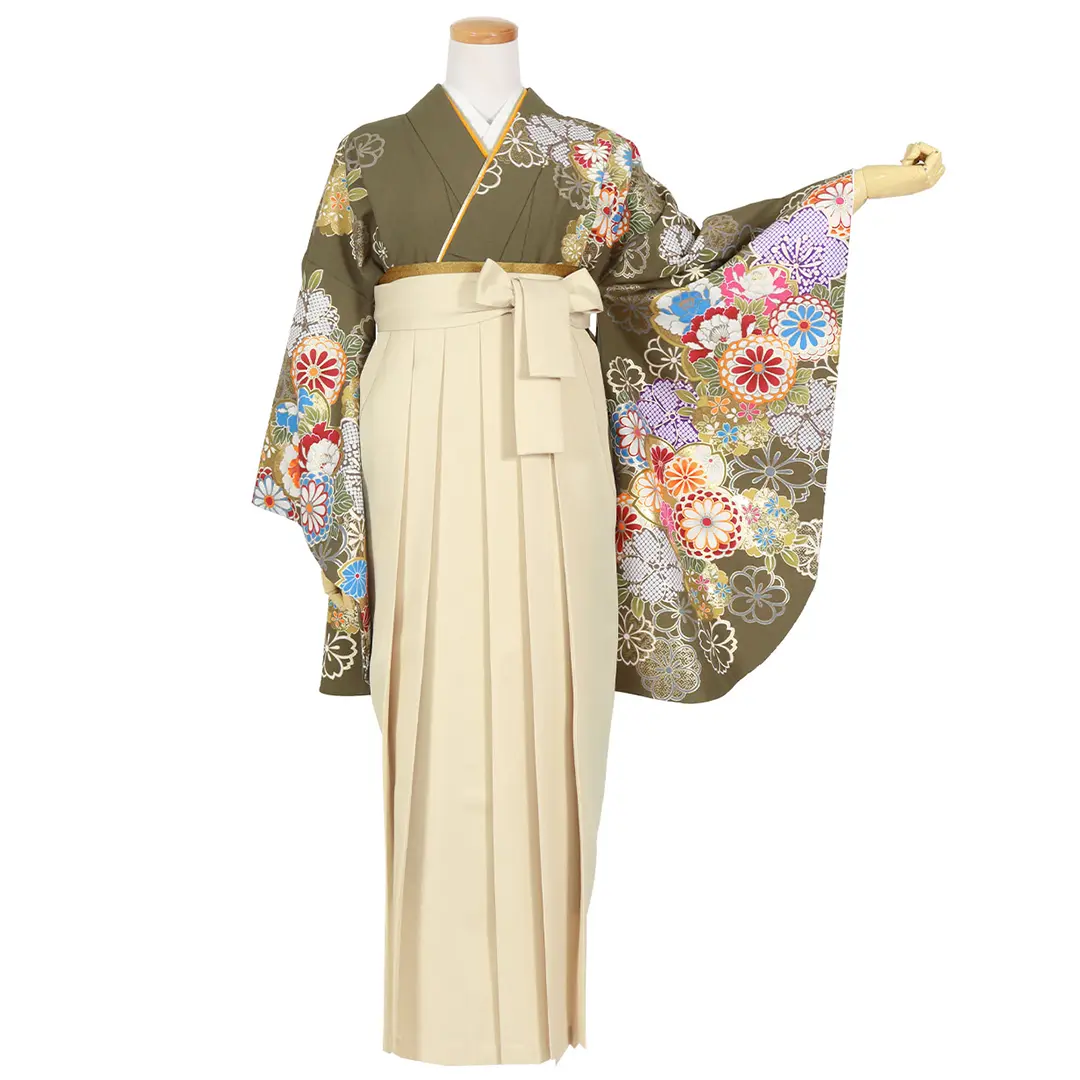 オリーブグリーン地に桜と菊尽くし・アイボリー袴（無地） （二尺袖）／卒業式