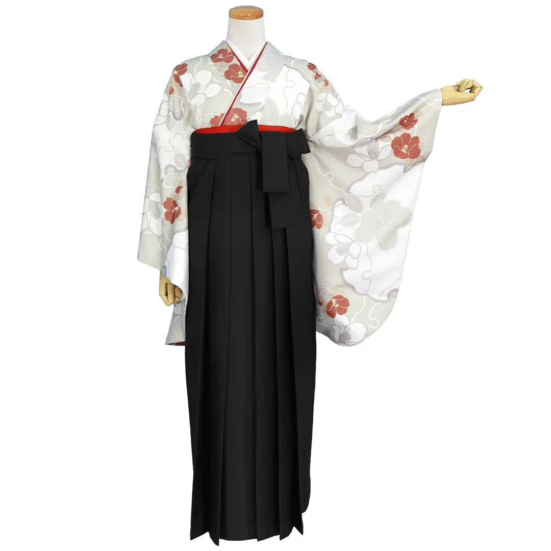 卒業式袴レンタル／白灰地に雪輪と赤い椿・黒袴（無地） （二尺袖