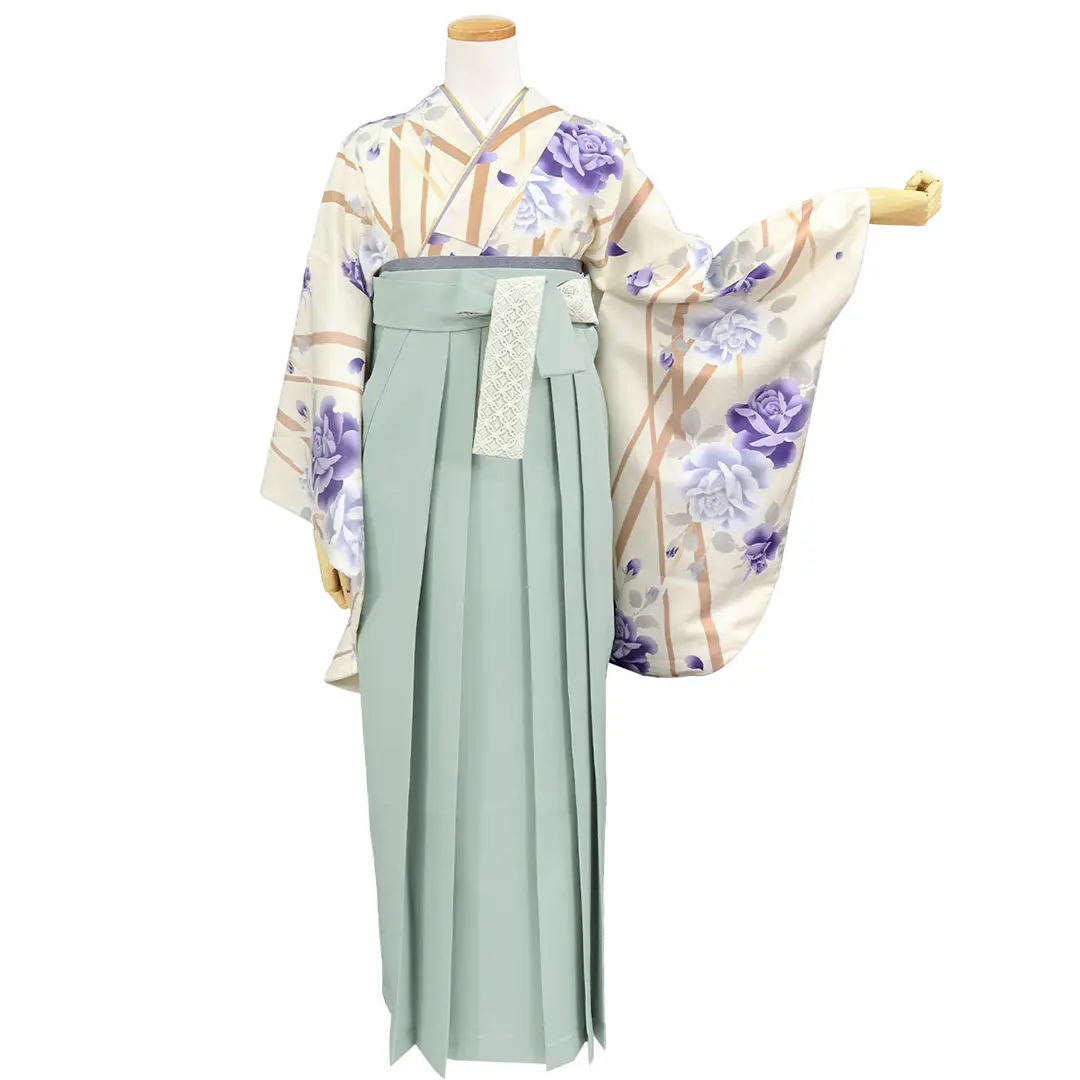 アイボリー地に斜め縞と薔薇・くすみグリーン袴（レース）（二尺袖）／卒業式