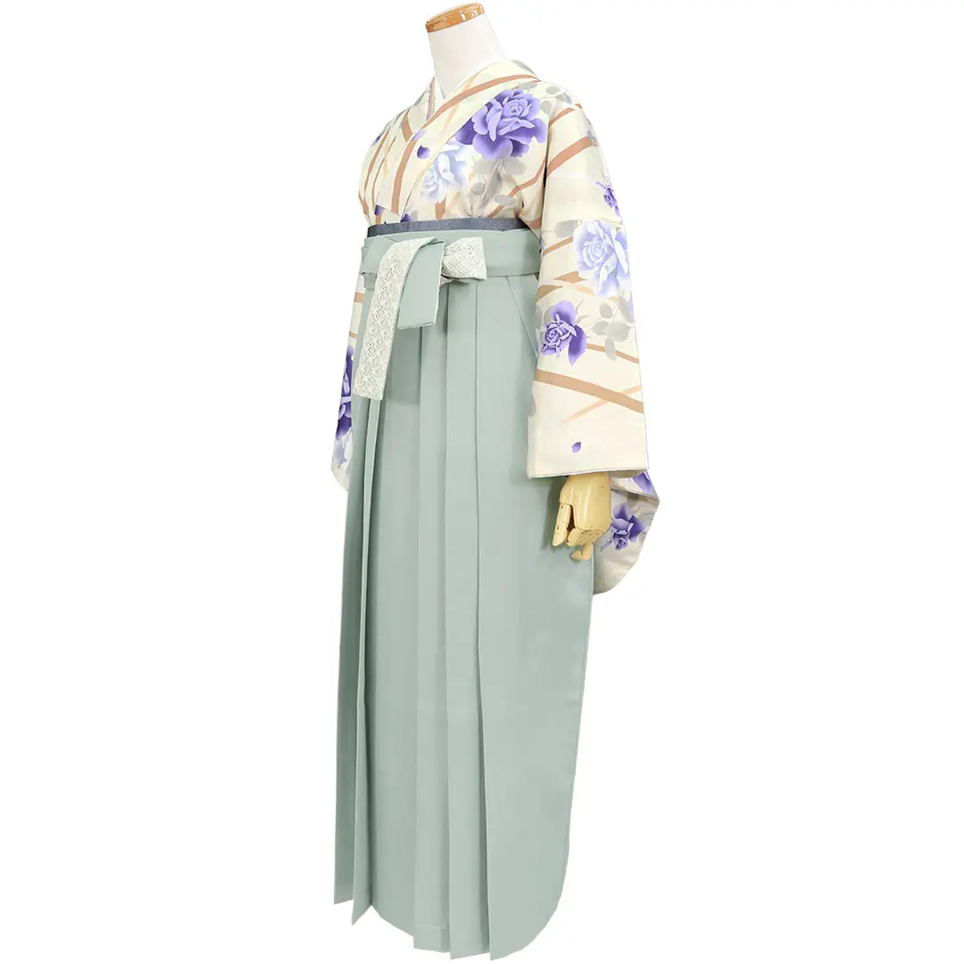 【2026年新作】アイボリー地に斜め縞と薔薇・くすみグリーン袴（レース）（二尺袖）／卒業式／斜め