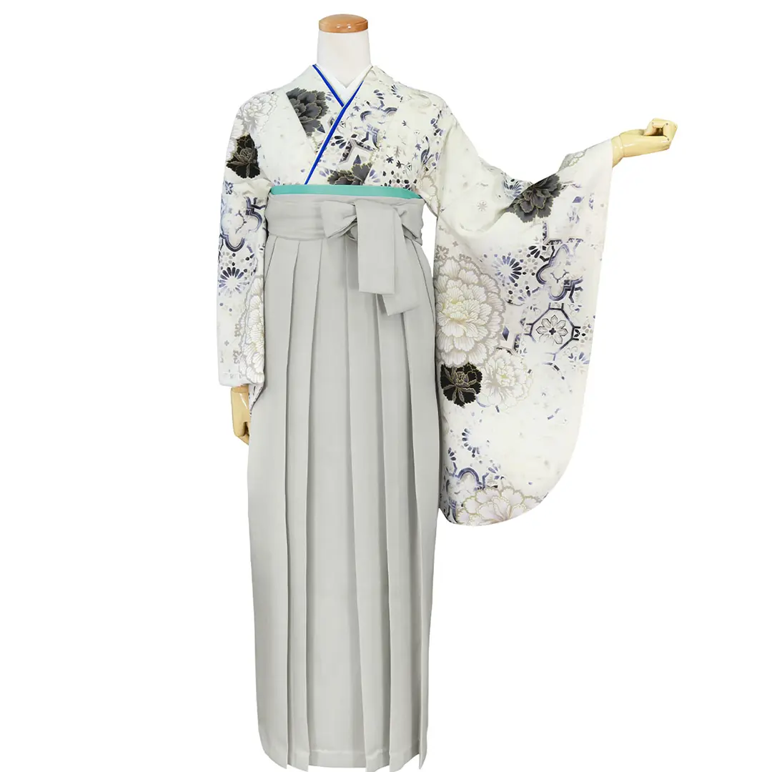 アイボリー地に大輪の牡丹と幾何学模様・ライトグレー袴（無地） （二尺袖）／卒業式