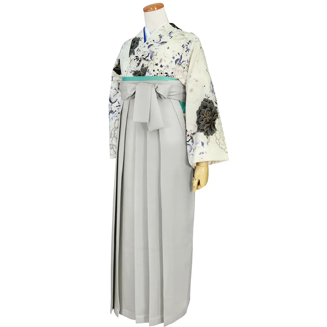 アイボリー地に大輪の牡丹と幾何学模様・ライトグレー袴（無地） （二尺袖）／卒業式／斜め