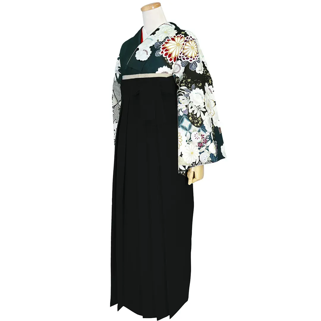 卒業式袴レンタル／濃青緑地に菊と亀甲花菱・黒袴（無地） （二尺袖