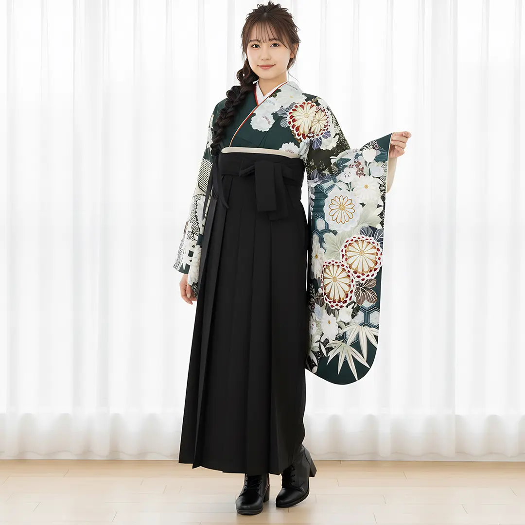 卒業式袴レンタル／濃青緑地に菊と亀甲花菱・黒袴（無地） （二尺袖