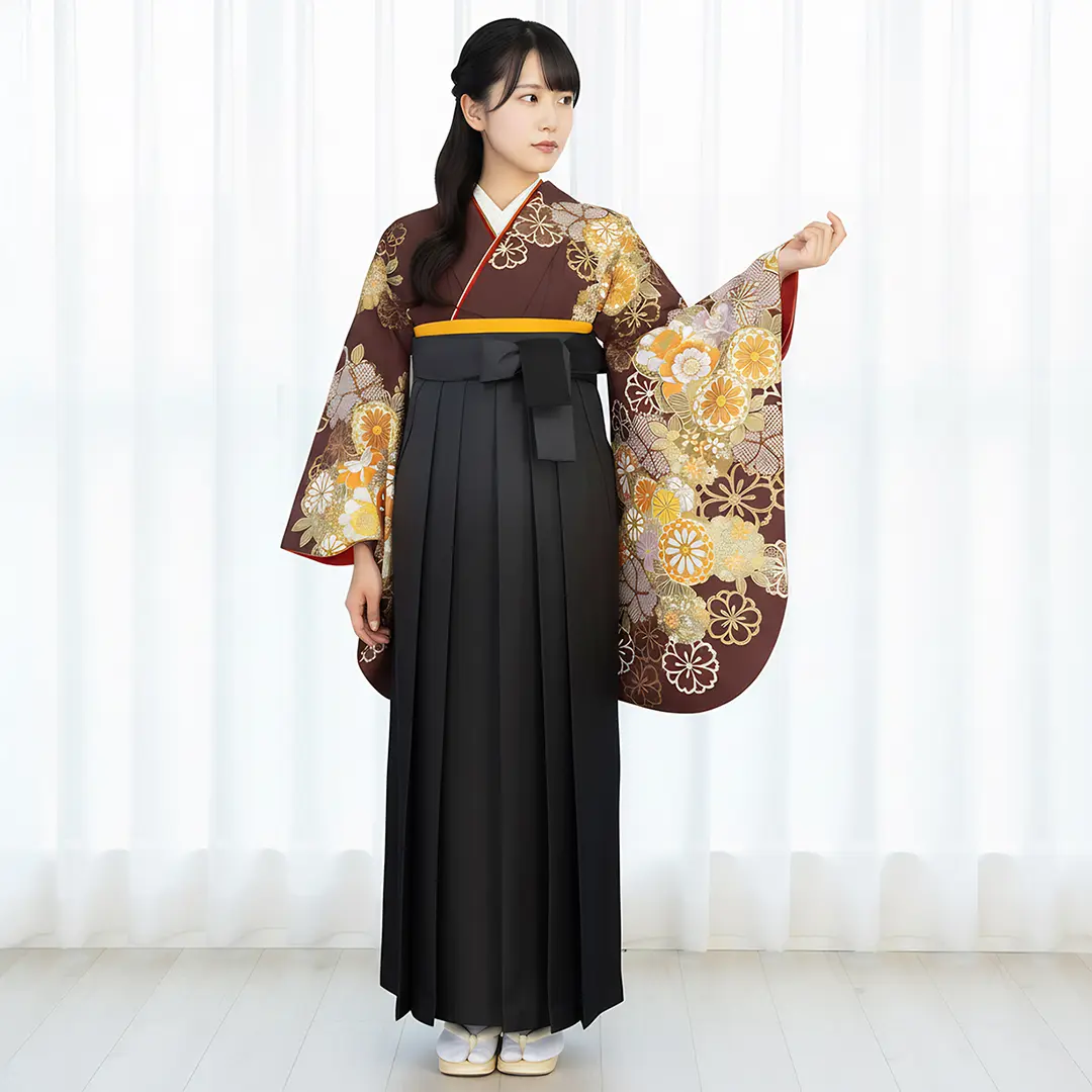 卒業式袴レンタル／茶色地に桜と菊尽くし・黒袴（ぼかし） （二尺袖