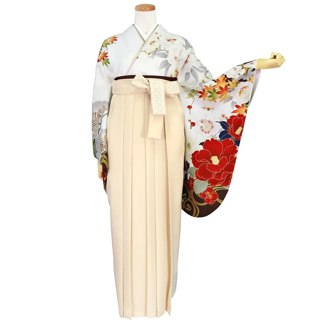 白地に水文と紅白の椿・アイボリー袴（レース） （二尺袖）／卒業式／正面