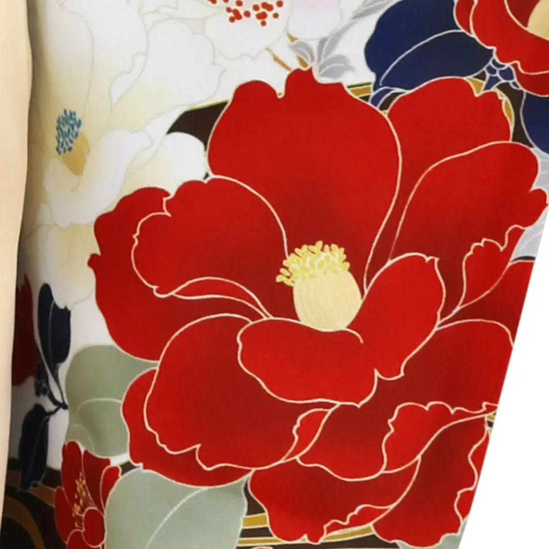 白地に水文と紅白の椿・アイボリー袴（レース） （二尺袖）／卒業式／柄詳細