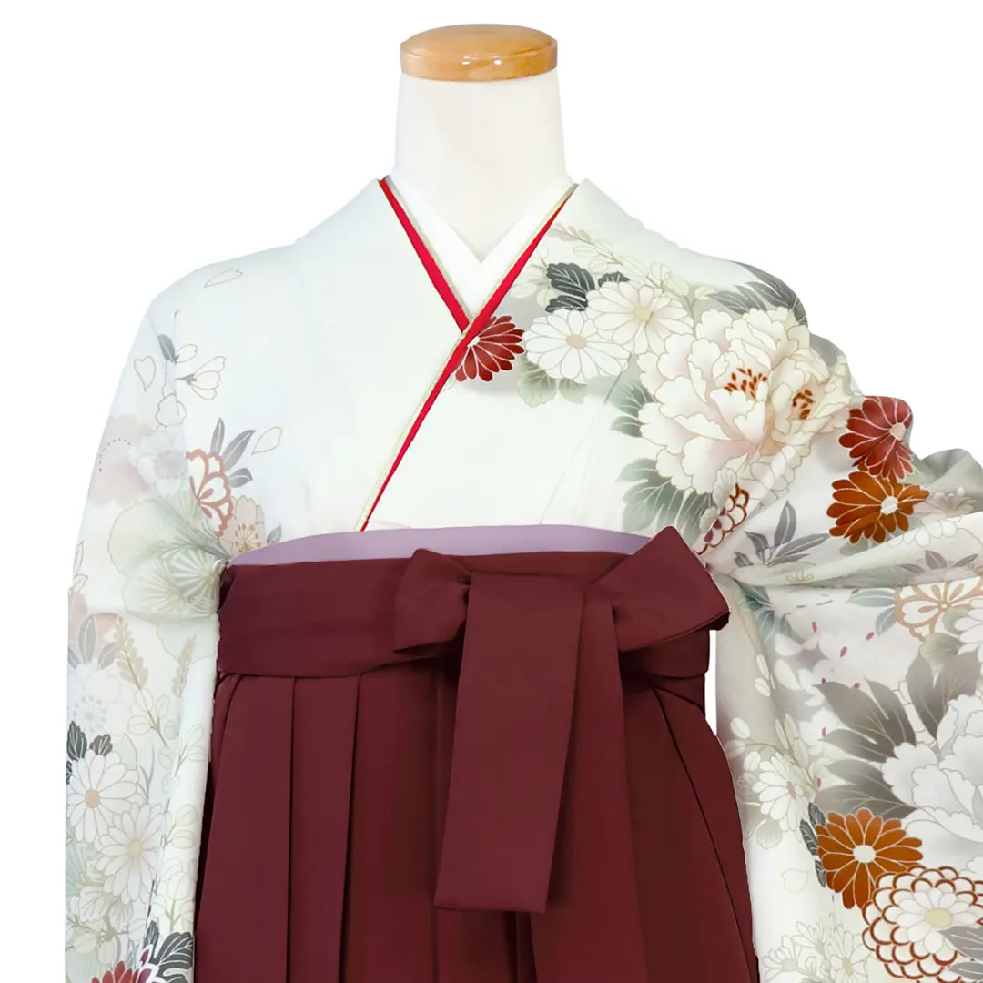卒業式袴レンタル／白地に牡丹と菊、百合の花・臙脂袴（無地） （二尺