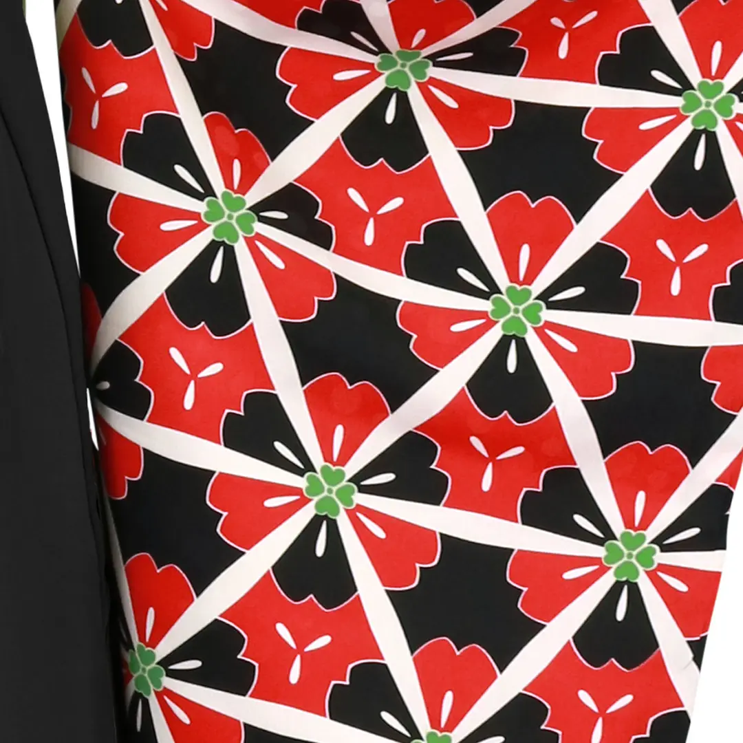 赤と黒地に花、幾何学模様・黒袴（無地） （二尺袖）／卒業式／柄詳細