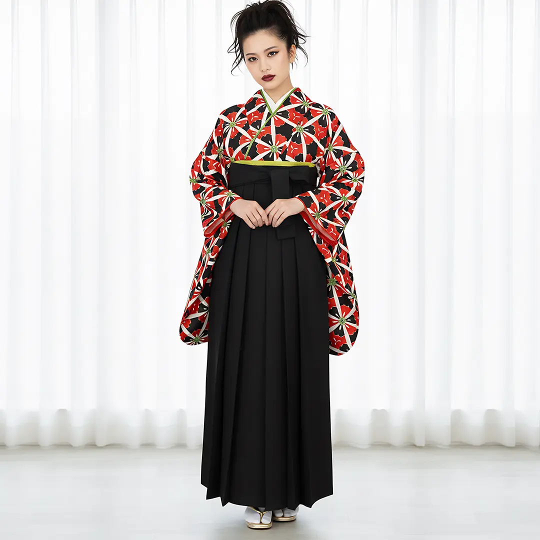 赤と黒地に花、幾何学模様・黒袴（無地） （二尺袖）／卒業式／着用イメージ