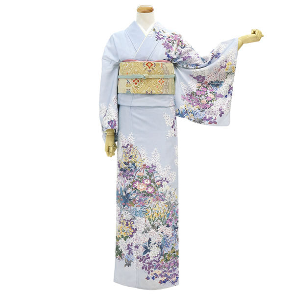 ［ 色留袖 ］正絹　淡いブルー　紺色　三つ紋　松　松枝　ぼかし　比翼付き 色留袖 ］正絹 淡いブルー 紺色 三つ紋 松 松枝 ぼかし 比翼付き