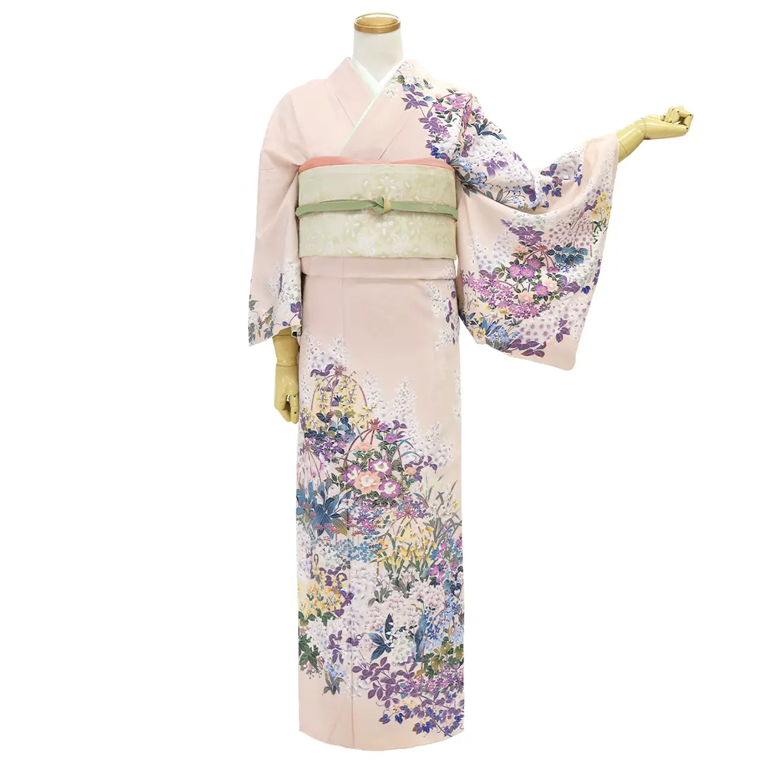 薄サーモンピンク地に百花の訪問着 | 宅配着物レンタルの京都かしきもの
