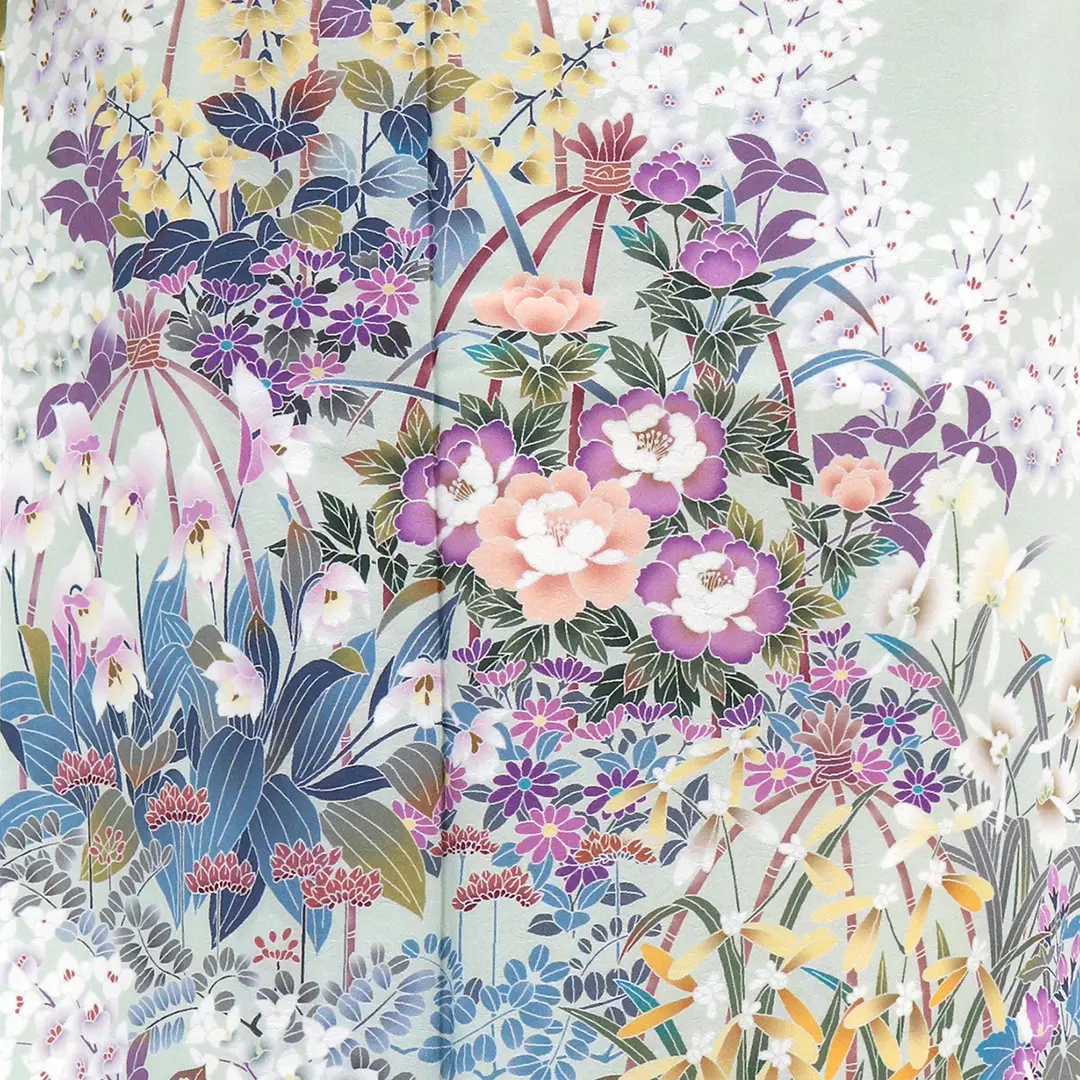 ライトグリーン地に百花の訪問着 | 宅配着物レンタルの京都かしきもの