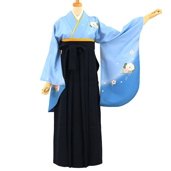 【先生におすすめ】青地に菊・黒袴（無地） （二尺袖）／卒業式（オリジナルデザイン）