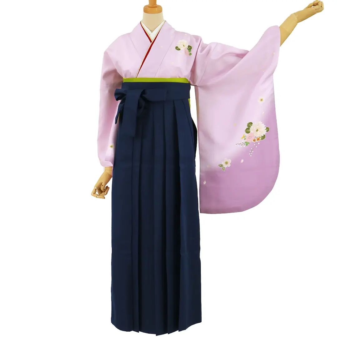 藤色地に菊・紺袴（無地） （二尺袖）／卒業式（オリジナルデザイン）