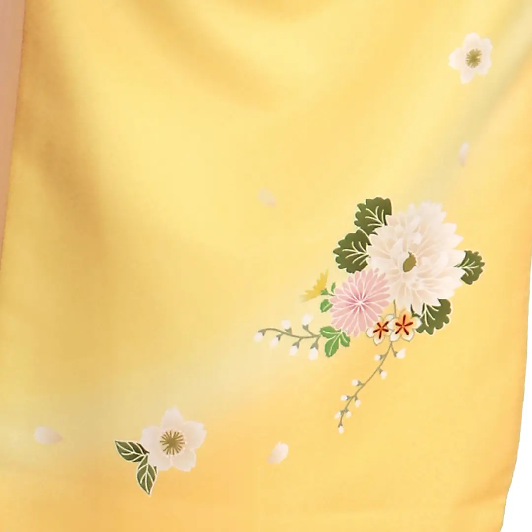 【先生におすすめ】黄色地に菊・深緑袴（無地） （二尺袖）／卒業式（オリジナルデザイン）／柄詳細