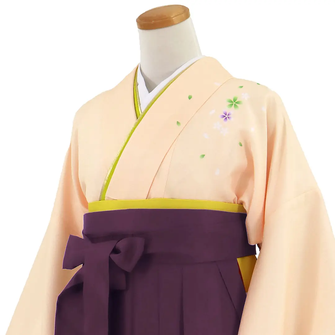 【先生におすすめ】ピンクベージュ地に桜・紫袴（無地） （二尺袖）／卒業式（オリジナルデザイン）／斜め詳細