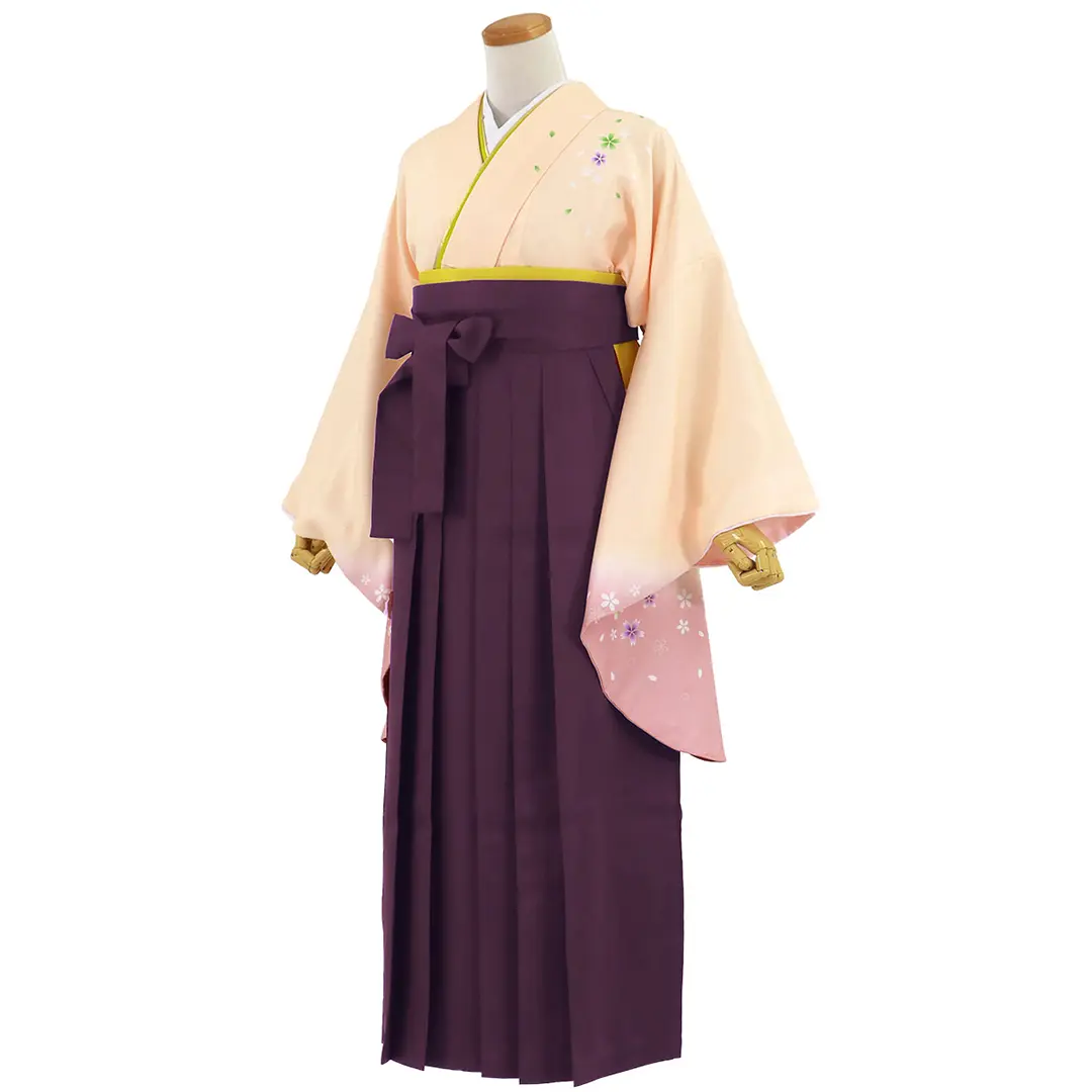 【先生におすすめ】ピンクベージュ地に桜・紫袴（無地） （二尺袖）／卒業式（オリジナルデザイン）／斜め