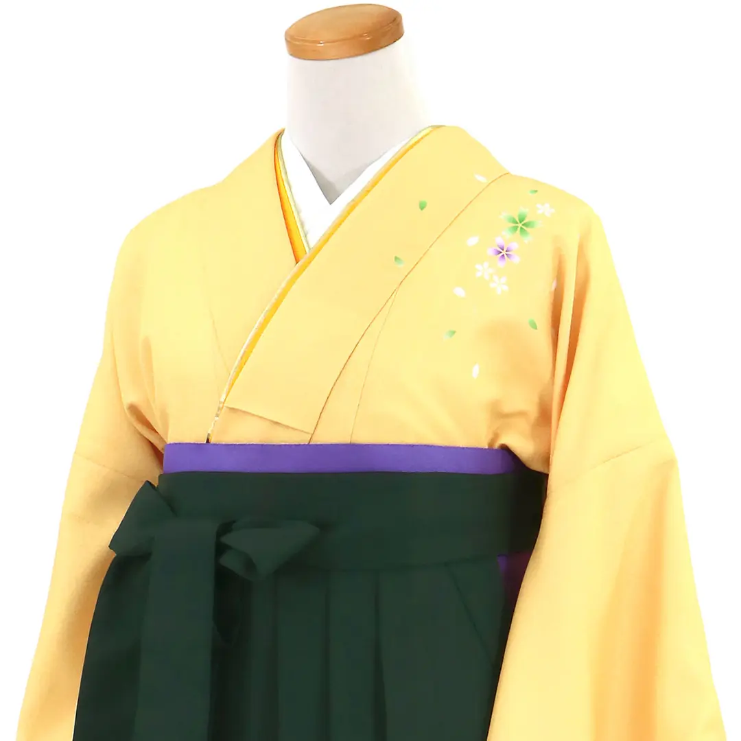 【先生におすすめ】黄色と鶸（ひわ）色地に桜・深緑袴（無地） （二尺袖）／卒業式（オリジナルデザイン）／斜め詳細