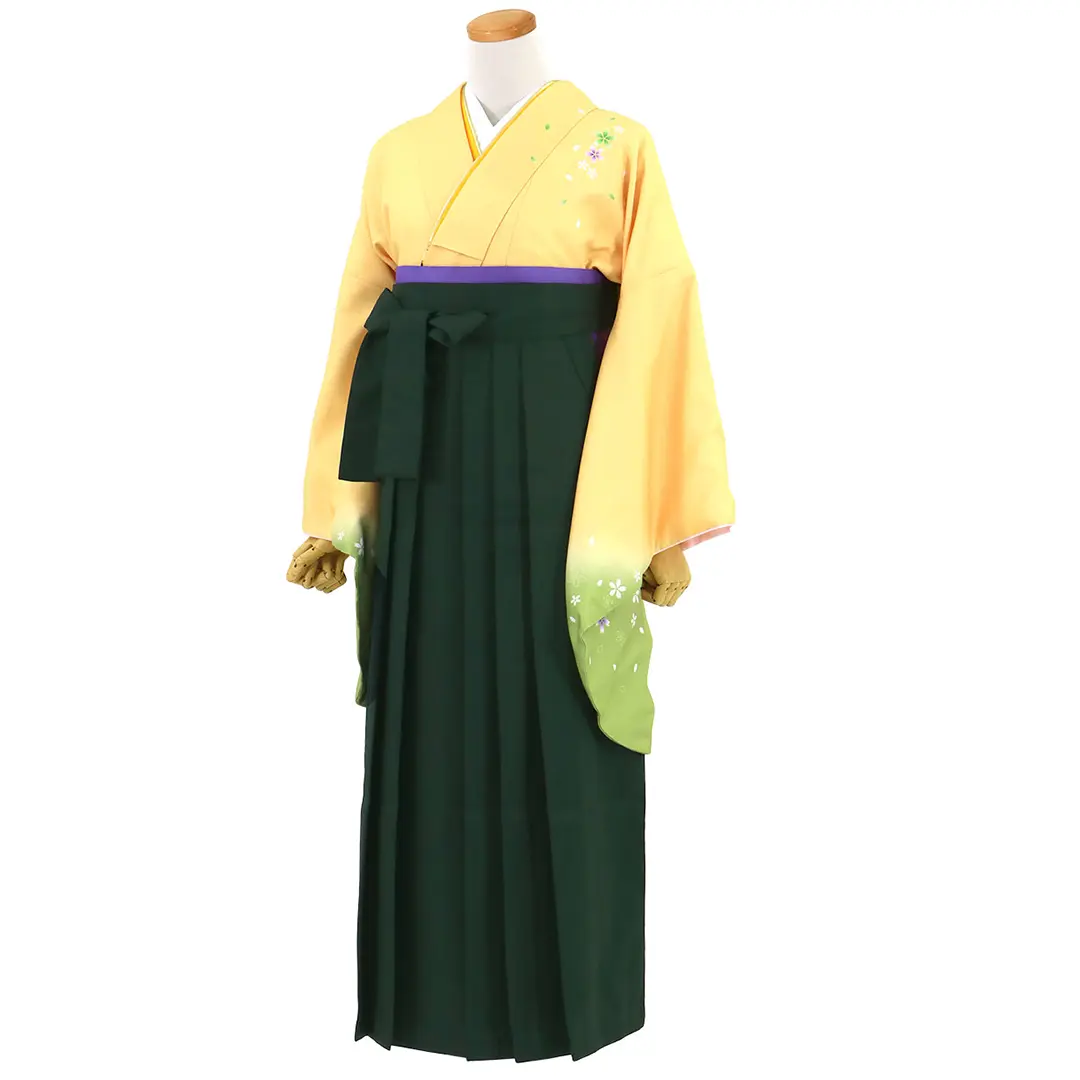 【先生におすすめ】黄色と鶸（ひわ）色地に桜・深緑袴（無地） （二尺袖）／卒業式（オリジナルデザイン）／斜め