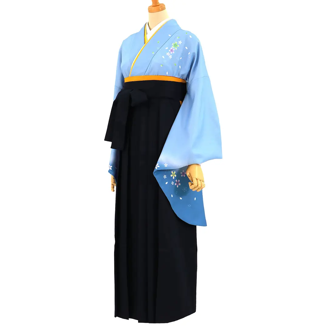 まりこさん様　平安時代十二単風羽織り+袖無し袴着物ワンピース 青地に桜・黒袴（無地） （二尺袖）／卒業式（オリジナルデザイン