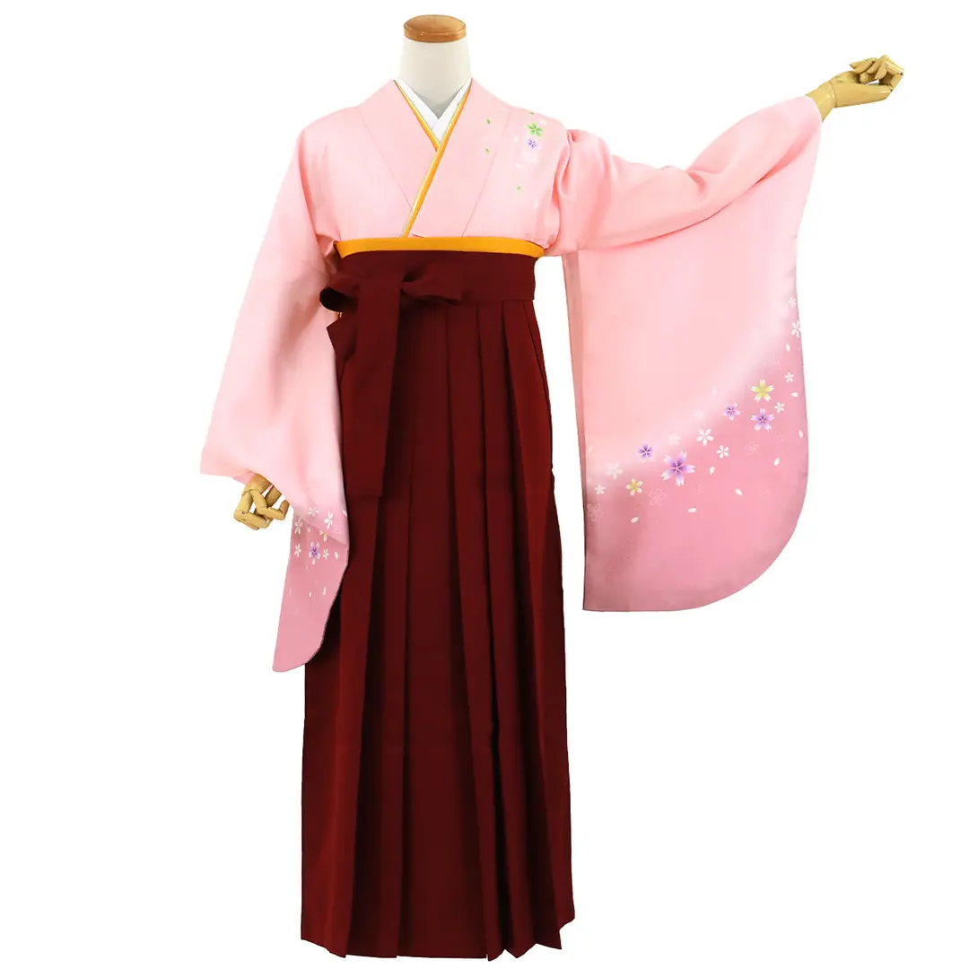 ピンク地に桜・臙脂袴（無地） （二尺袖）／卒業式（オリジナル