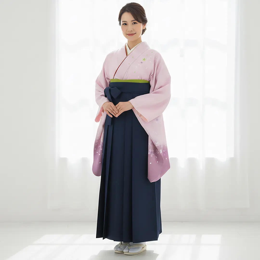 【先生におすすめ】藤色地に桜・紺袴（無地） （二尺袖）／卒業式（オリジナルデザイン）