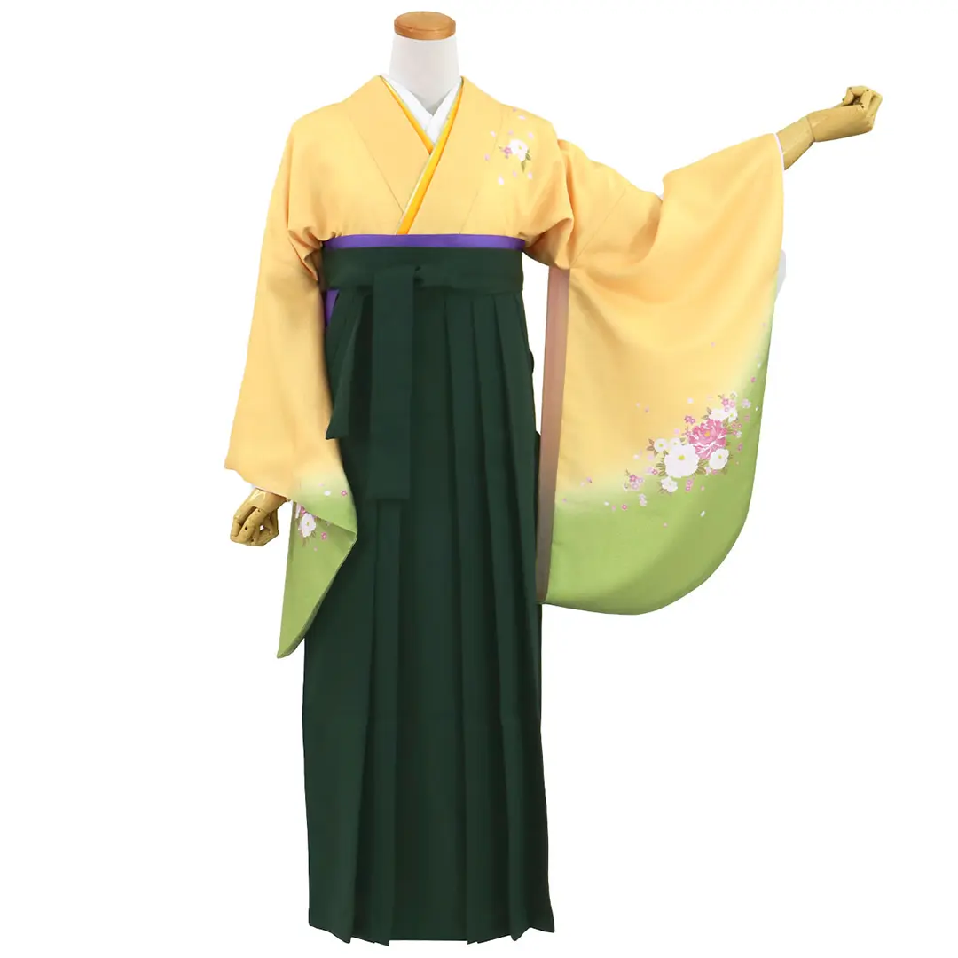 【先生におすすめ】黄色と鶸（ひわ）色地に牡丹・深緑袴（無地） （二尺袖）／卒業式（オリジナルデザイン）