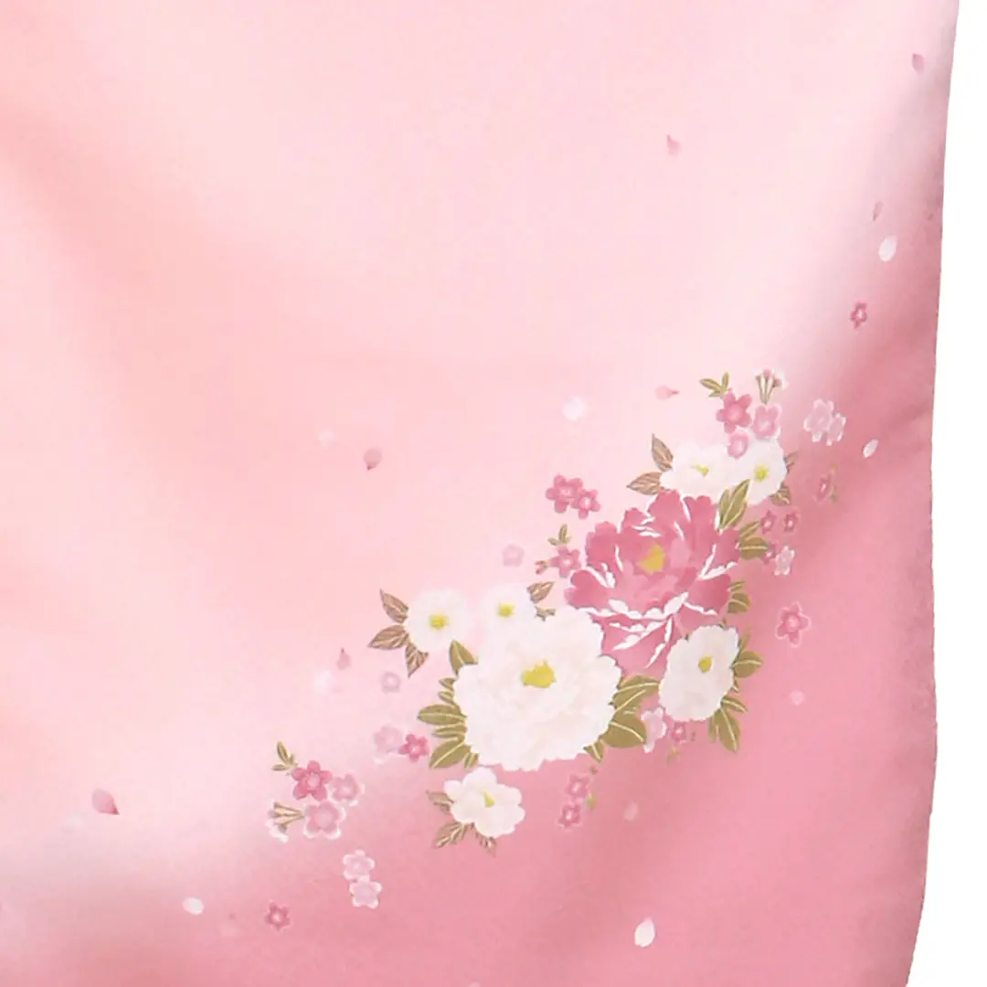 【先生におすすめ】ピンク地に牡丹・臙脂袴（無地） （二尺袖）／卒業式（オリジナルデザイン）／柄詳細