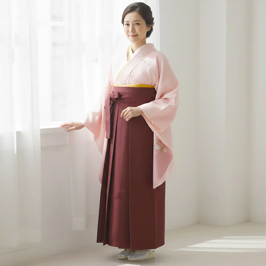 【先生におすすめ】ピンク地に牡丹・臙脂袴（無地） （二尺袖）／卒業式（オリジナルデザイン）／着用イメージ