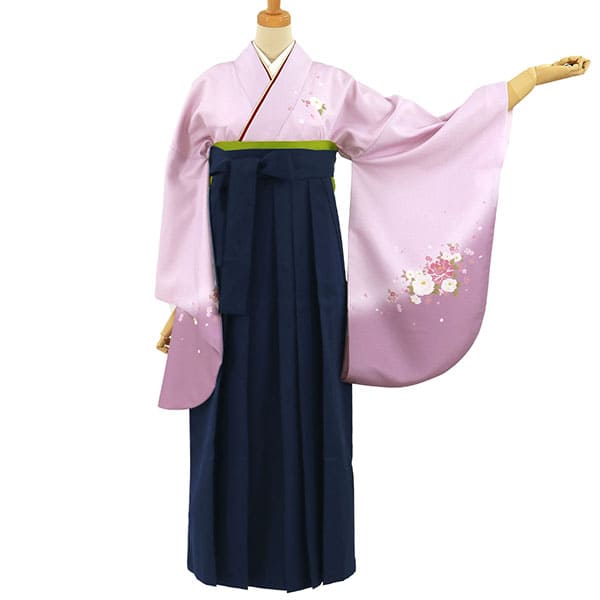 藤色地に牡丹・紺袴（無地） （二尺袖）／卒業式（オリジナルデザイン