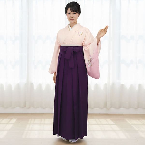 ピンクベージュ地に牡丹・紫袴（無地） （小袖）／卒業式 | 宅配着物