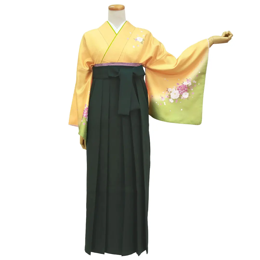 【先生におすすめ】黄色と鶸（ひわ）色地に牡丹・深緑袴（無地） （小袖）／卒業式