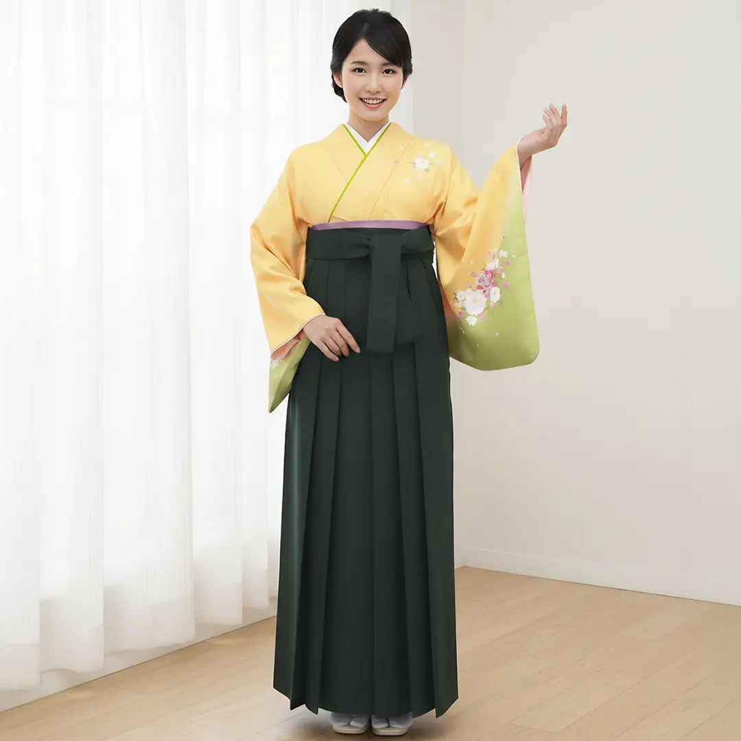 【先生におすすめ】黄色と鶸（ひわ）色地に牡丹・深緑袴（無地） （小袖）／卒業式／着用イメージ