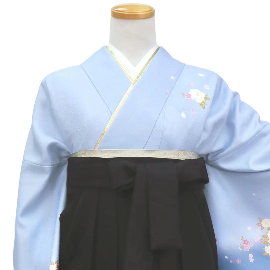 【先生におすすめ】青地に牡丹・黒袴（無地） （小袖）／卒業式／正面詳細