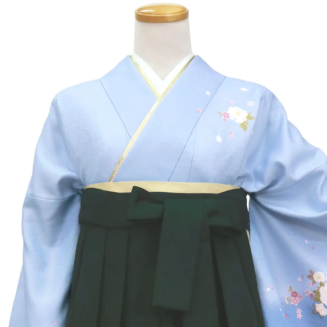 【先生におすすめ】青地に牡丹・深緑袴（無地） （小袖）／卒業式／正面詳細