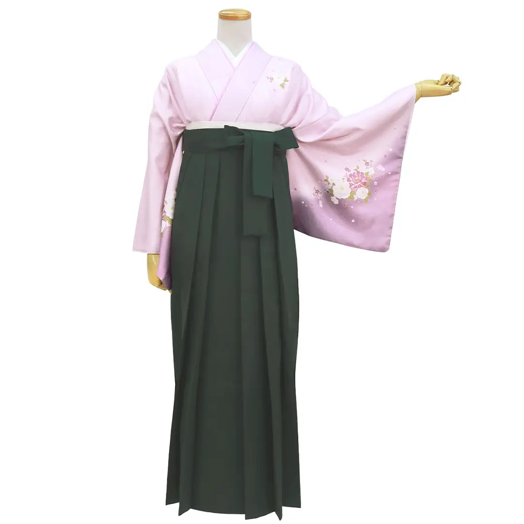 【先生におすすめ】藤色地に牡丹・深緑袴（無地） （小袖）／卒業式／正面