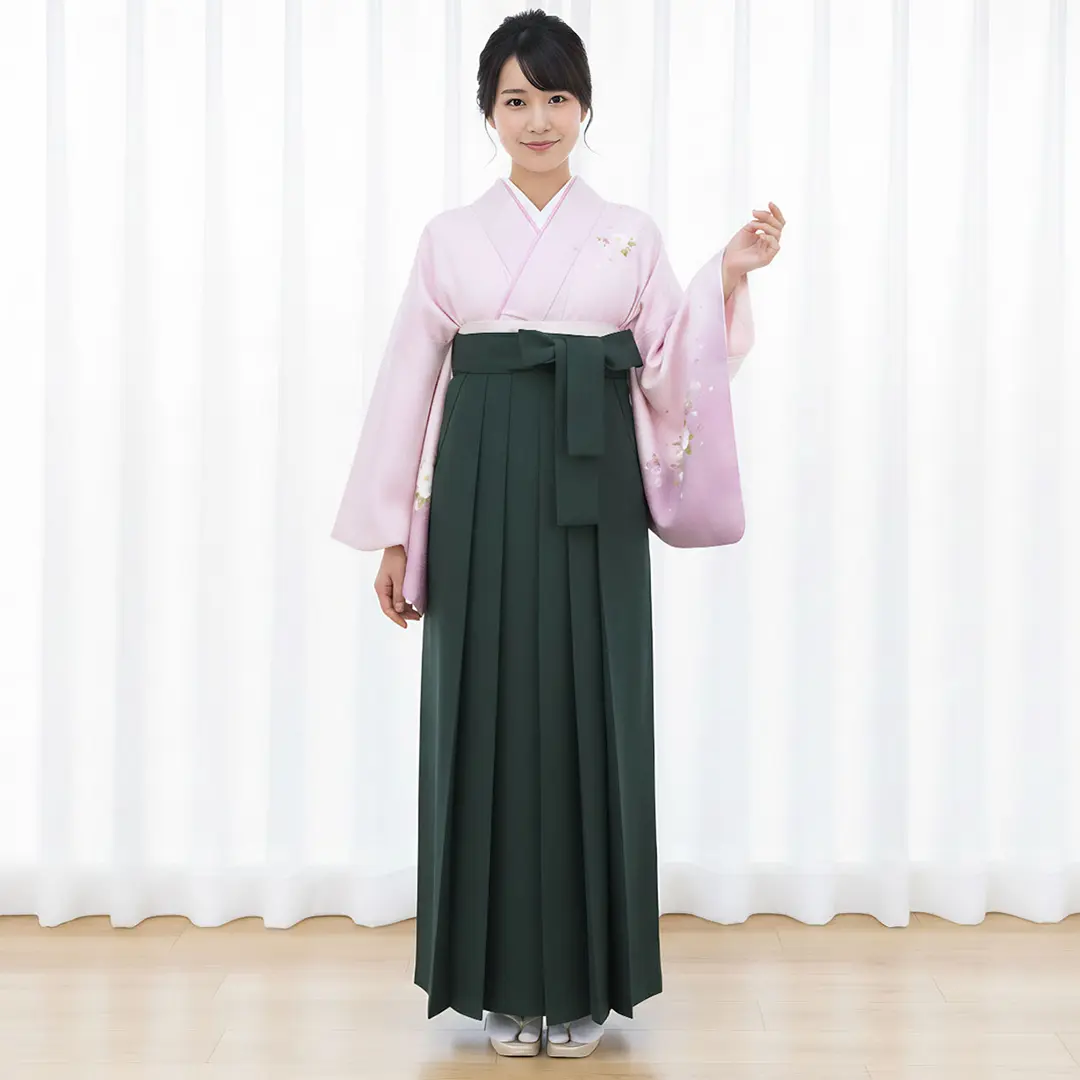 【先生におすすめ】藤色地に牡丹・深緑袴（無地） （小袖）／卒業式／着用イメージ