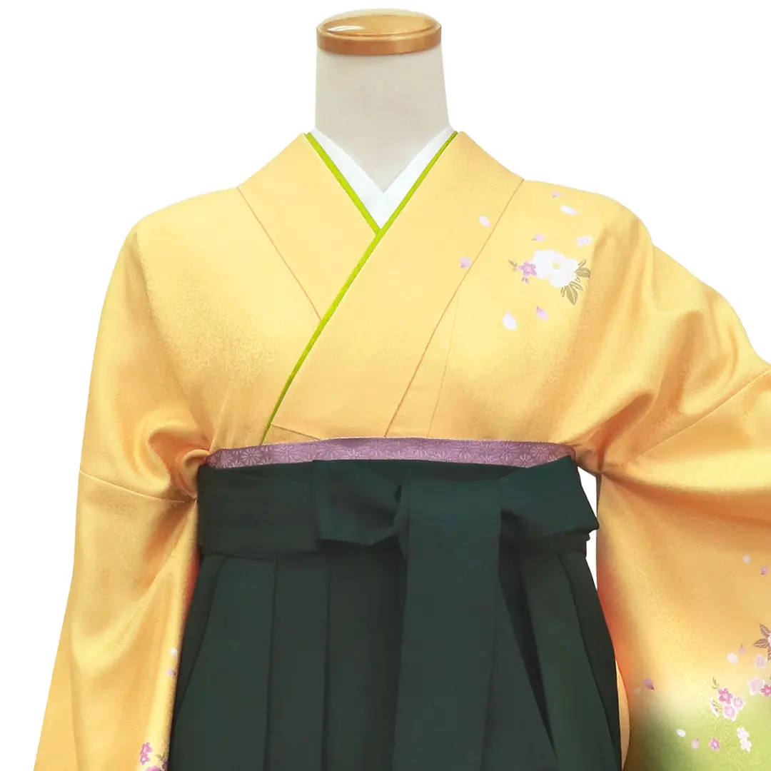【先生におすすめ】黄色と鶸（ひわ）色地に牡丹・深緑袴（無地） （小袖）ワイドサイズ／卒業式／正面詳細