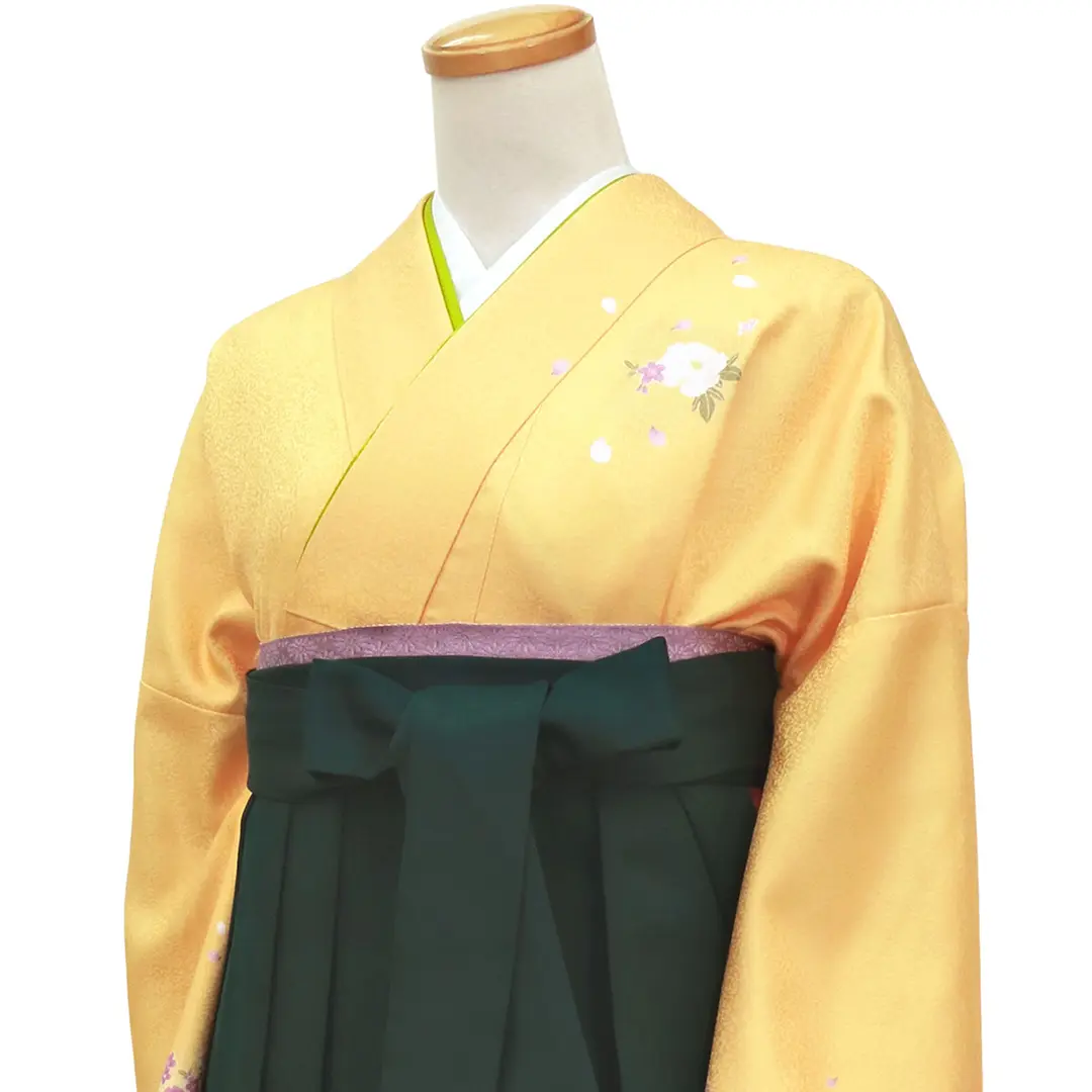 【先生におすすめ】黄色と鶸（ひわ）色地に牡丹・深緑袴（無地） （小袖）ワイドサイズ／卒業式／斜め詳細