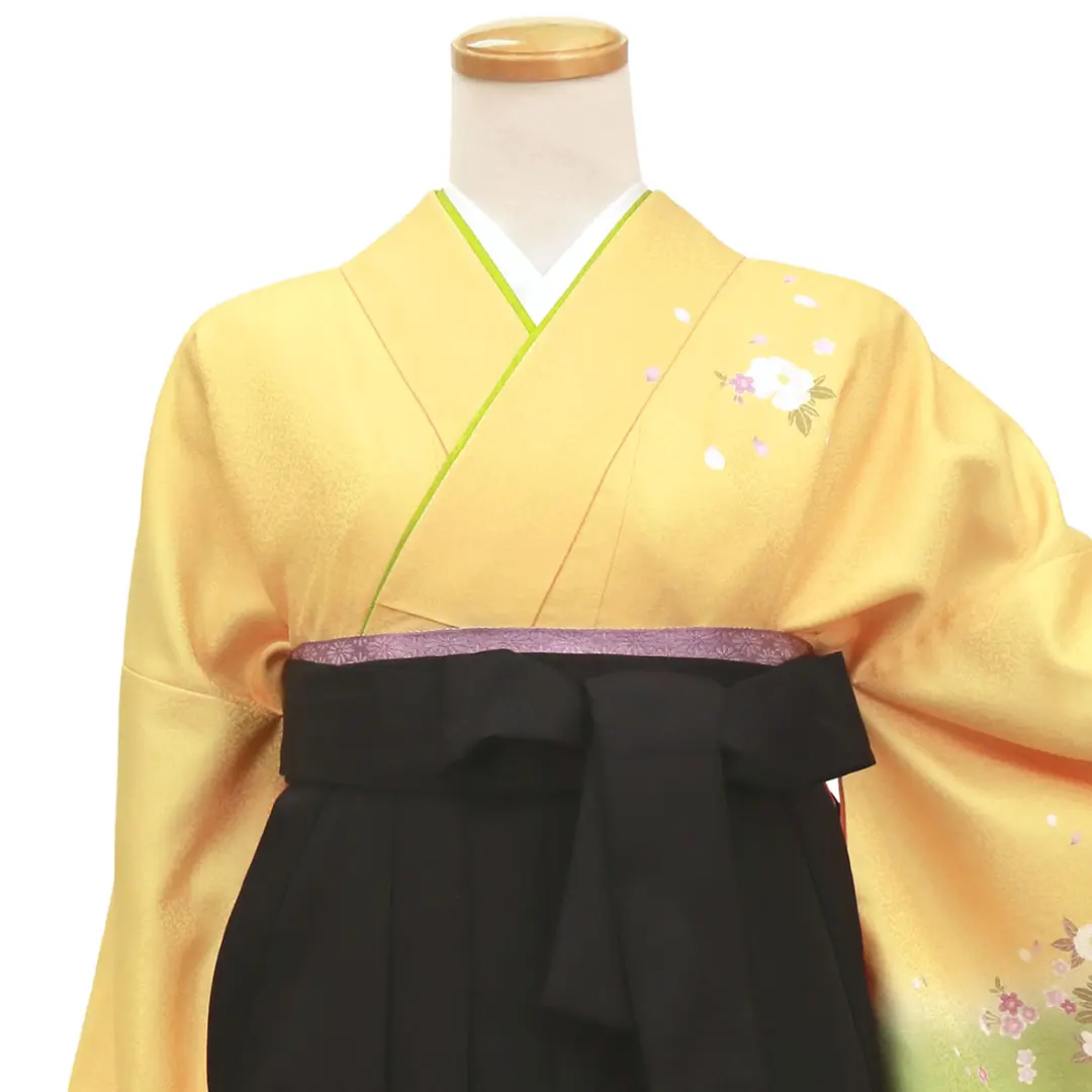 【先生におすすめ】黄色と鶸（ひわ）色地に牡丹・黒袴（無地） （小袖）ワイドサイズ／卒業式／正面詳細