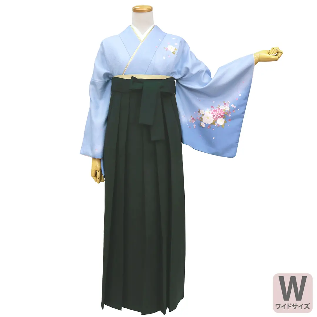 【先生におすすめ】青地に牡丹・深緑袴（無地） （小袖）ワイドサイズ／卒業式／正面