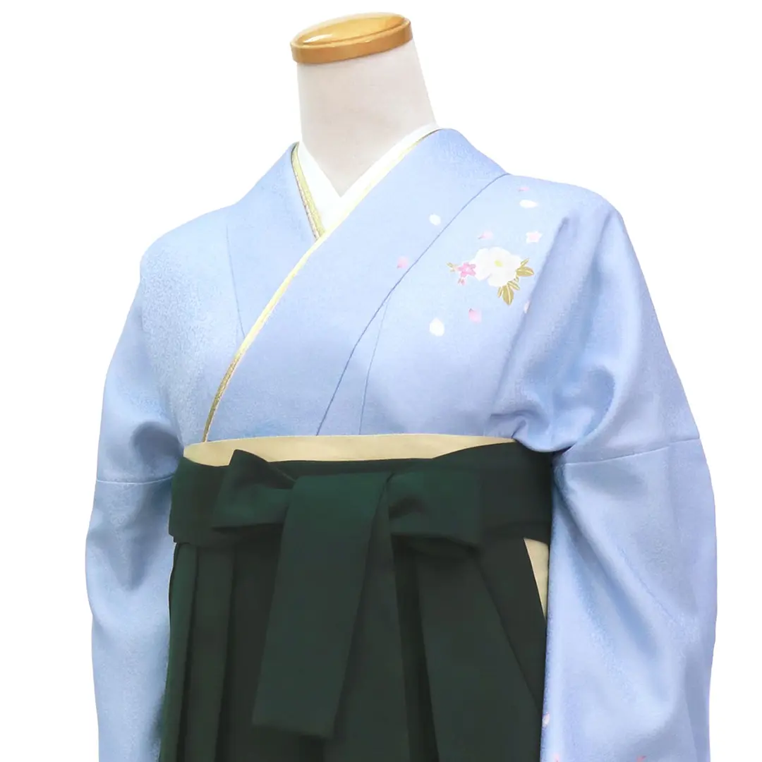 【先生におすすめ】青地に牡丹・深緑袴（無地） （小袖）ワイドサイズ／卒業式／斜め詳細
