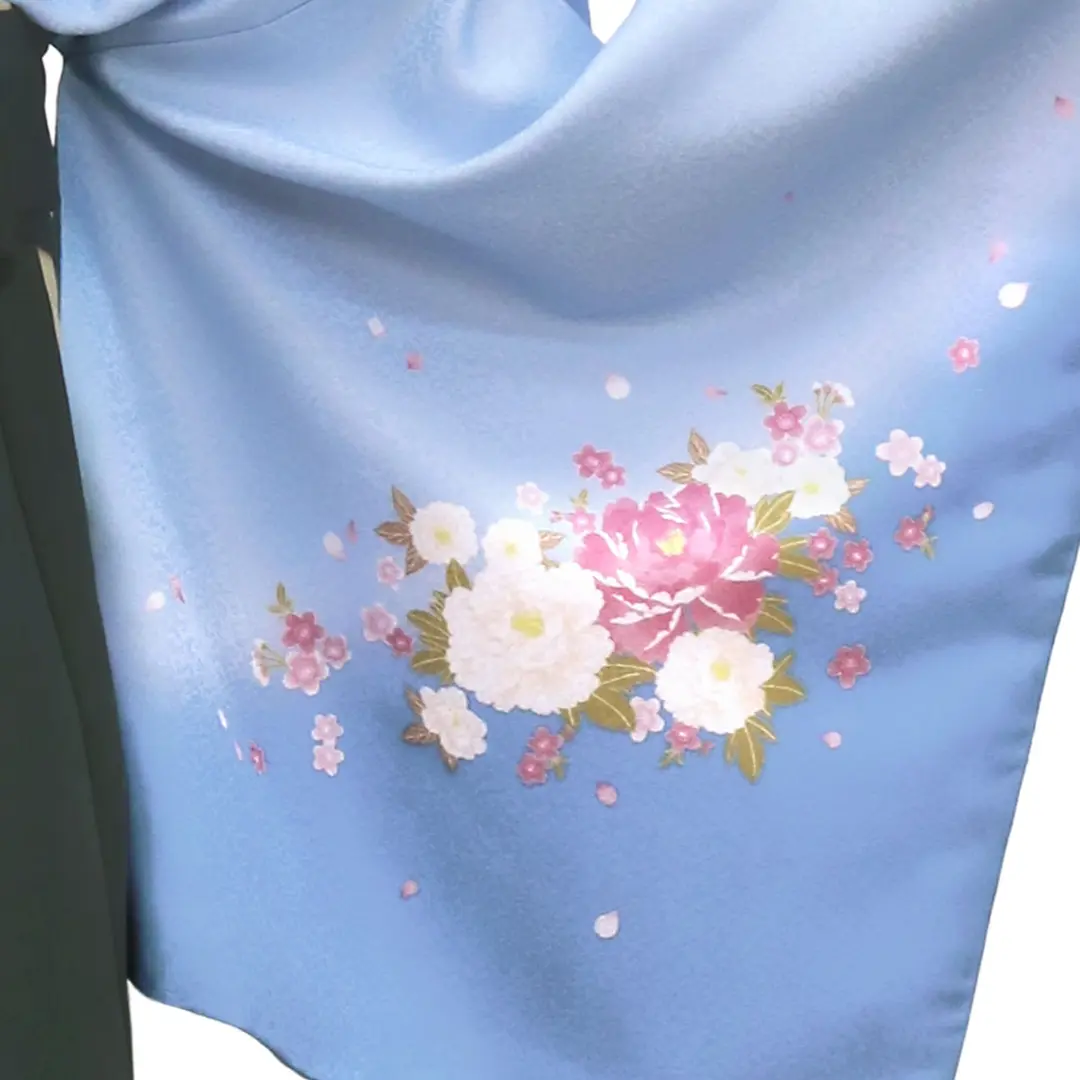【先生におすすめ】青地に牡丹・深緑袴（無地） （小袖）ワイドサイズ／卒業式／柄詳細