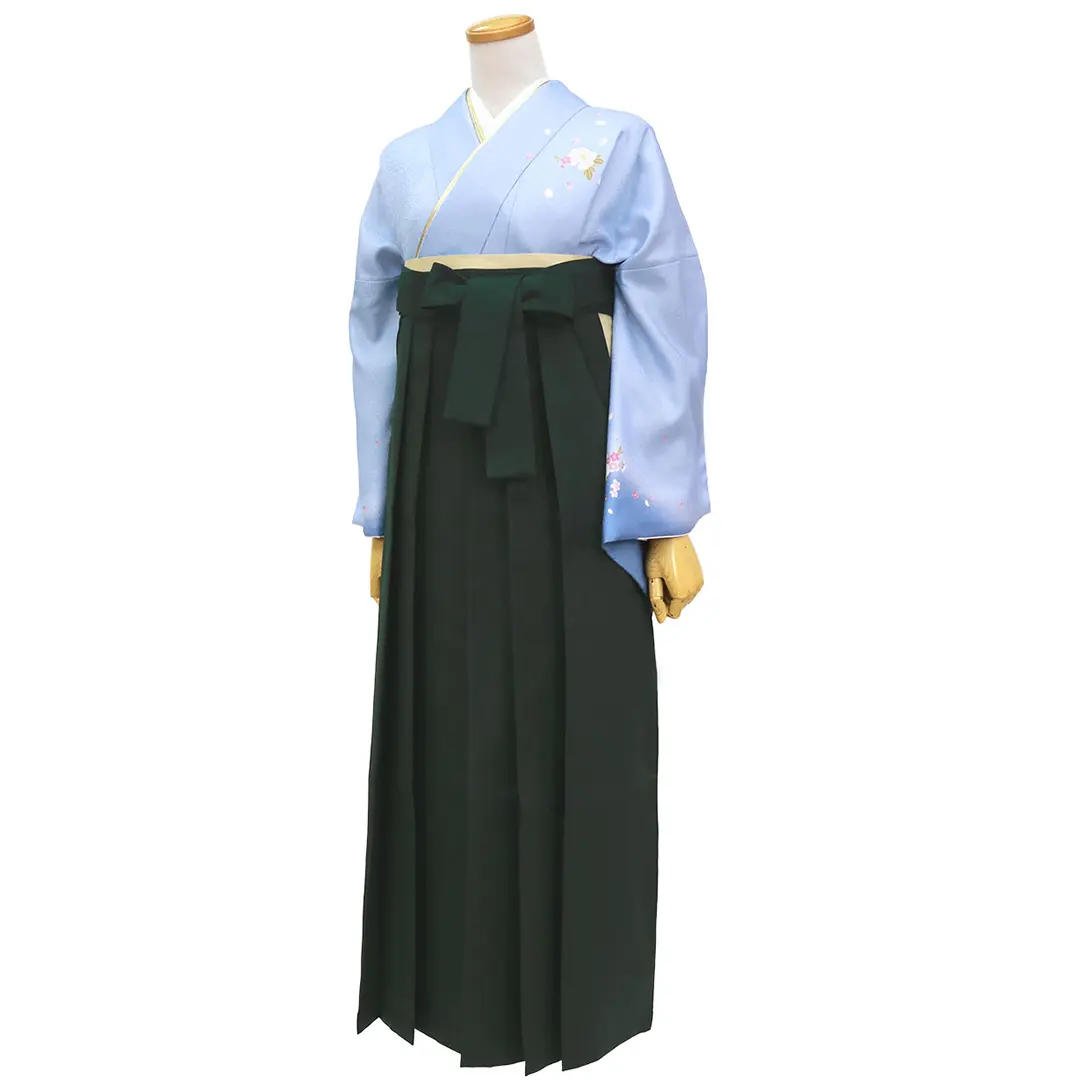 【先生におすすめ】青地に牡丹・深緑袴（無地） （小袖）ワイドサイズ／卒業式／斜め